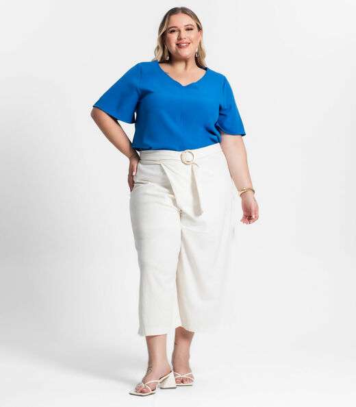 Blusa Plus Size Feminina Decote V Secret Glam Azul