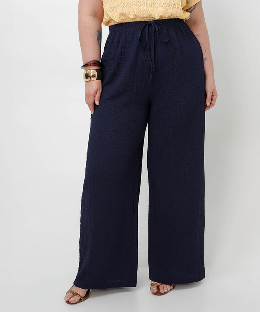 Calça Plus Size Feminina Pantalona Crinkle Marisa Azul