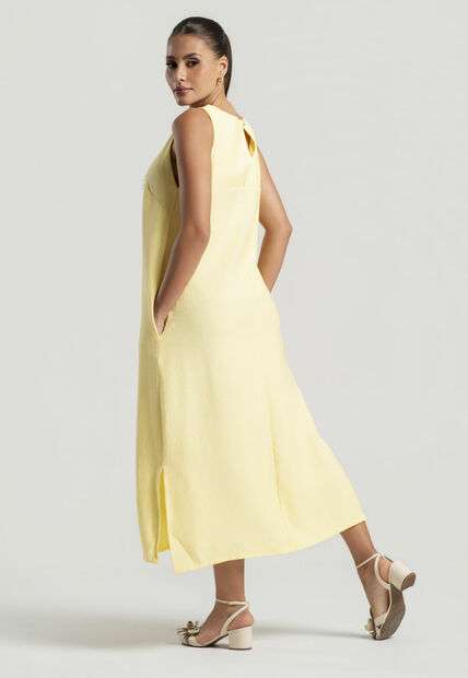 Vestido Midi Alfaiataria Marrant Regata Com Fendas e Bolsos Amarelo Salvatore