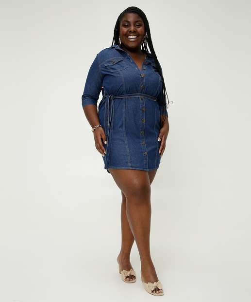 Vestido Plus Size Feminino Chemise Jeans Manga 3/4 Cambos