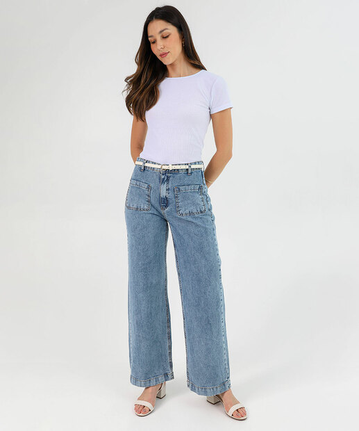 Image_Calça Jeans Wide Leg Bolsos Feminina Azul