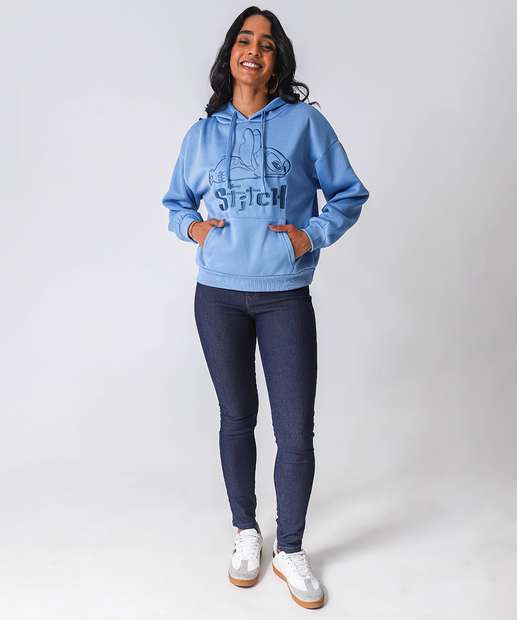 Blusão Feminino Moletom Bordado Stitch Azul