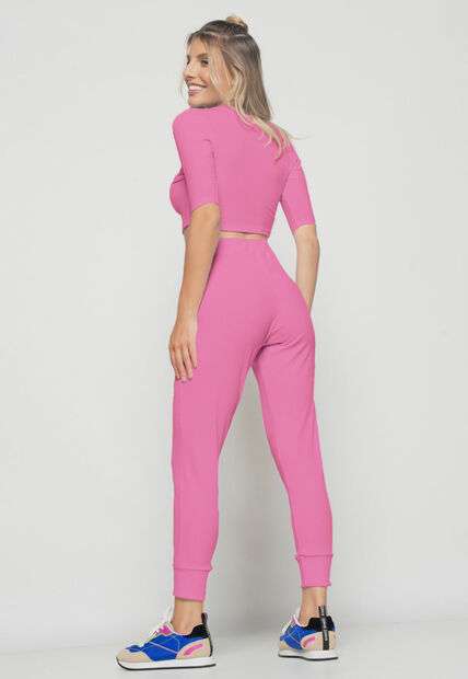 Cropped  Princesa Gola Redonda Malha Canelada Rosa