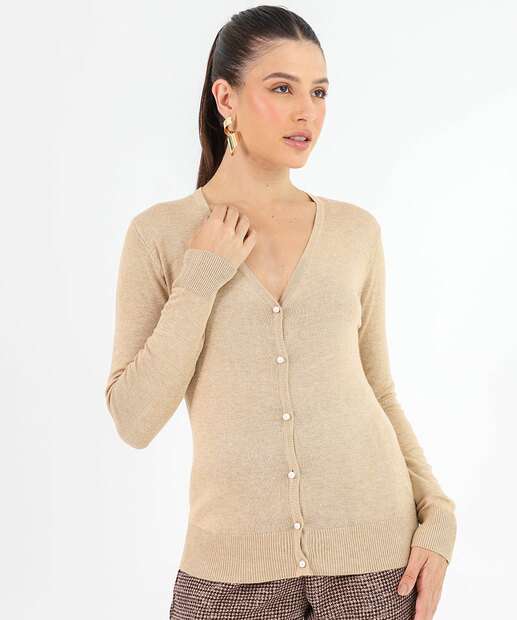 Image_Cardigan Feminino Botões Pérolas Sintéticas Marisa Bege