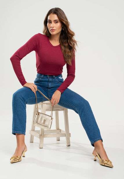 Blusa Básica Manga Longa e Gola Redonda Malha Vinho Salvatore Fashion