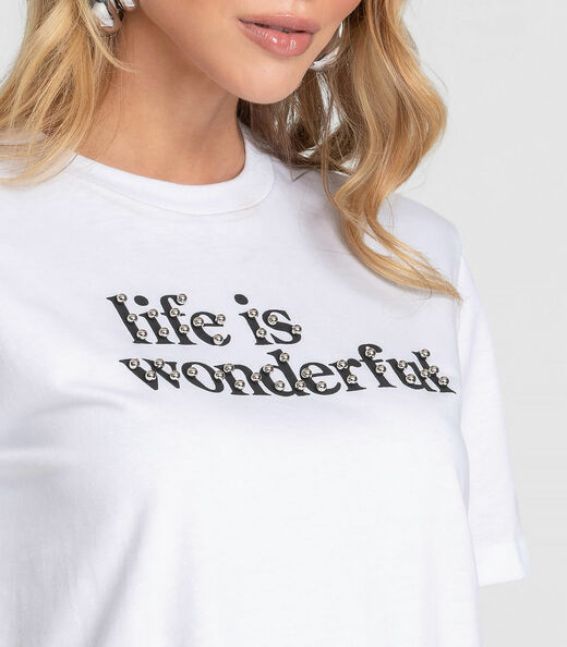 Camiseta Feminina Com Estampa e Rebite Dianna Branco