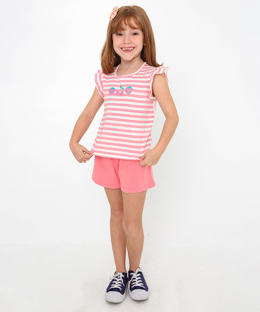 Conjunto Infantil Listrado Babado Marisa Tam 4 a 10 Rosa