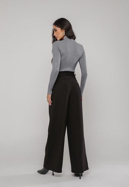 Blusa de Tricot Canelado Gola Alta Cinza Salvatore