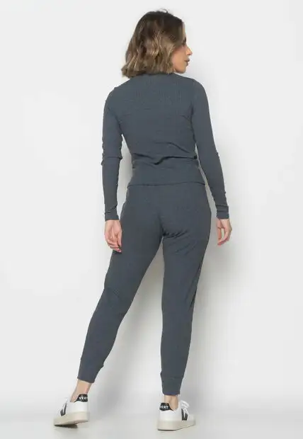 Conjunto  Comfy Com Blusa Manga Longa e Jogger Canelada Grafite Salvatore Fashio