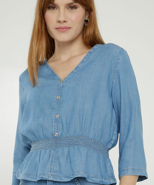 Blusa Feminina Jeans Manga 7/8 Lastex