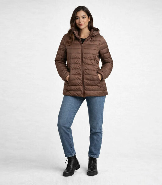Jaqueta Puffer Feminina Com Capuz Sea Surf Marrom