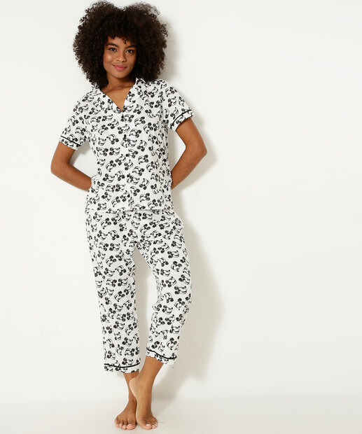 Pijama Americano Feminino Estampa Mickey Manga Curta Disney