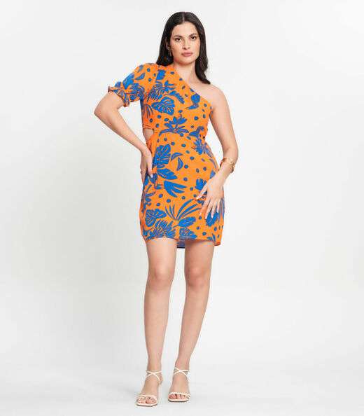 Vestido Feminino Curto Nula Manga Estampado Select Laranja