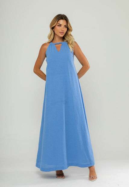 Vestido Longo Decote Com Recorte E Amarração Azul Salvatore