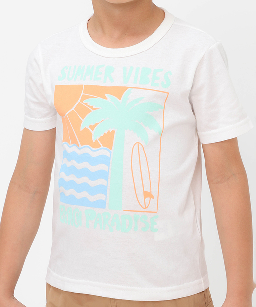 Camiseta Infantil Manga Curta Estampada MR Tam 4 a 10 Off White