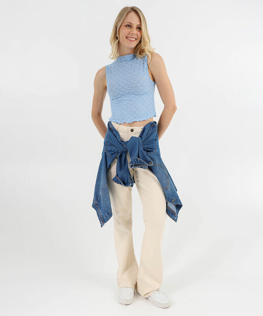 Blusa Cropped Feminina Tule Trabalhado Marisa Azul