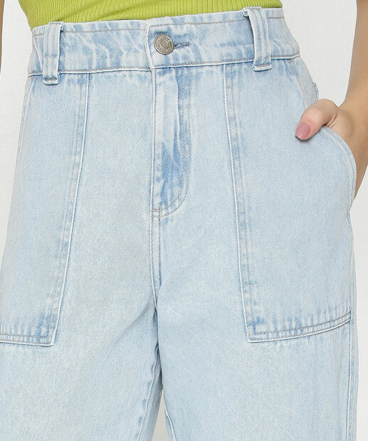 Calça Jeans Wide Leg Pantalona Feminina Cargo Marisa