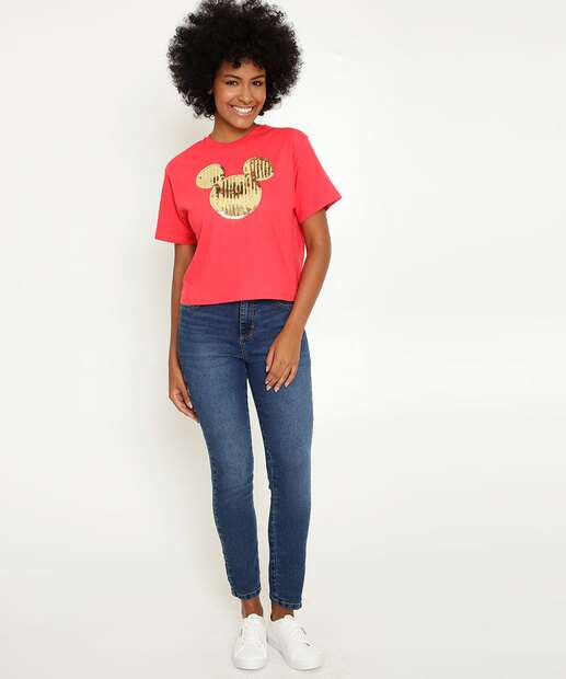 Blusa Cropped Feminina Estampa Mickey Paetê Disney 