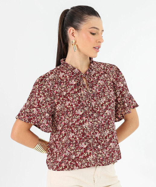 Image_Blusa Feminina Estampa Flores Amarração Marisa Vinho