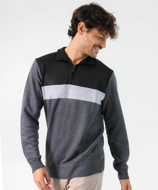 Image_Suéter Masculino Tricô Half Zíper Recortes MR Preto