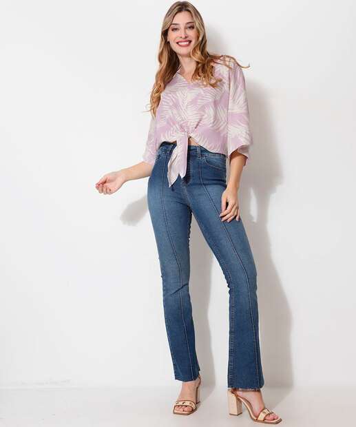 Blusa Feminina Estampa Folhas Amarração Manga 3/4 