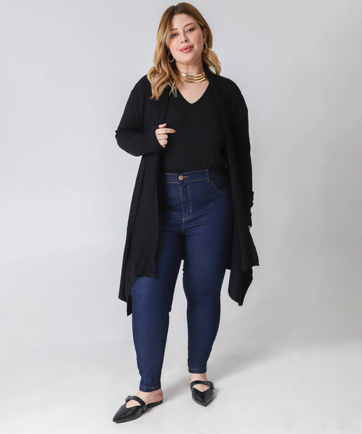 Cardigan Plus Size Feminino Barra Assimétrica Marisa Preto