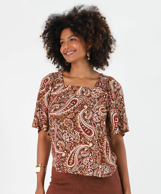 Image_Blusa Feminina Estampa Paisley Manga Curta Marisa Marrom