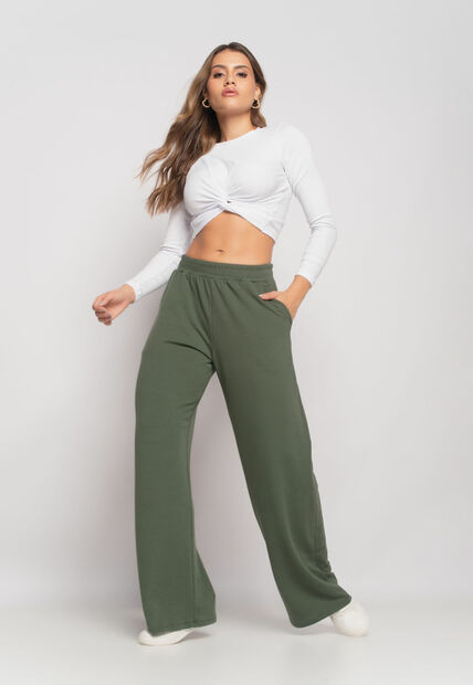 Cal?a Wide Leg Com Bolso Moletinho Verde Salvatore