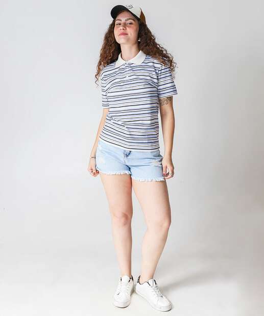 Blusa Polo Feminino Listrado Manga Curta Marisa Off White