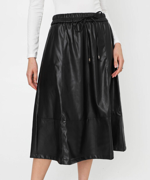 Saia Feminina Midi Evasê PU Marisa Preto