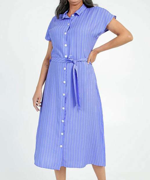 Vestido Midi Feminino Chemise Listrado Manga Curta