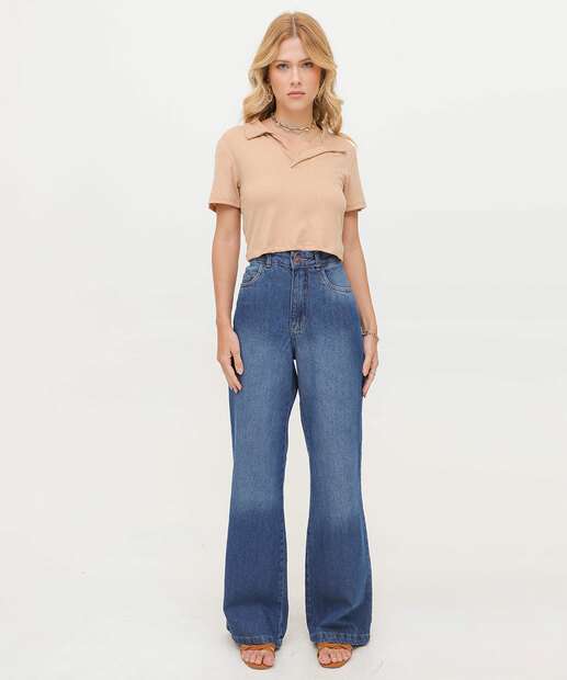 Calça Jeans Wide Leg Bolsos Feminina 