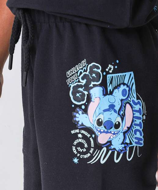 Bermuda Infantil Moletinho Stitch Tam 4 a 10 Preto