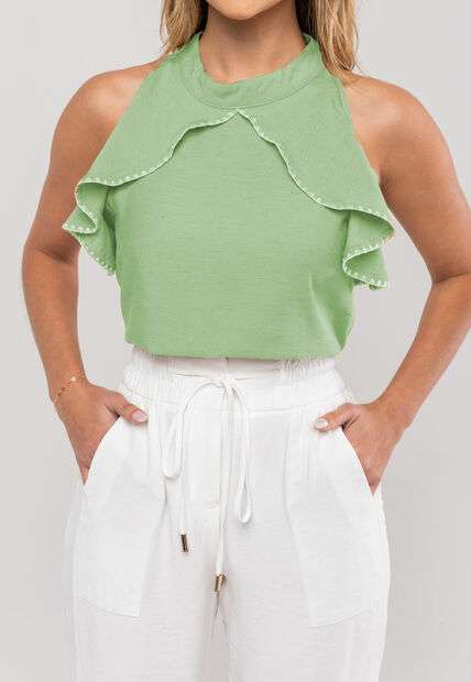 Regata Feminina Com Babado e Gola Alta Em Viscolinho Verde Salvatore