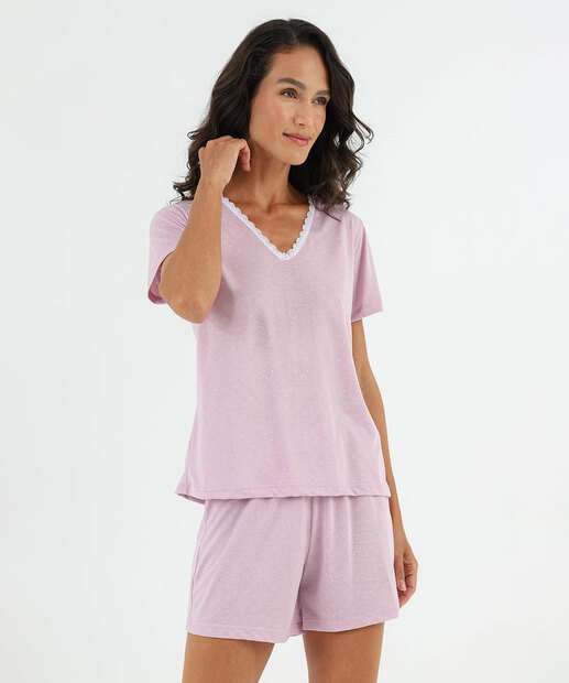 Image_Pijama Feminino Poá Renda Manga Curta Marisa Lilás