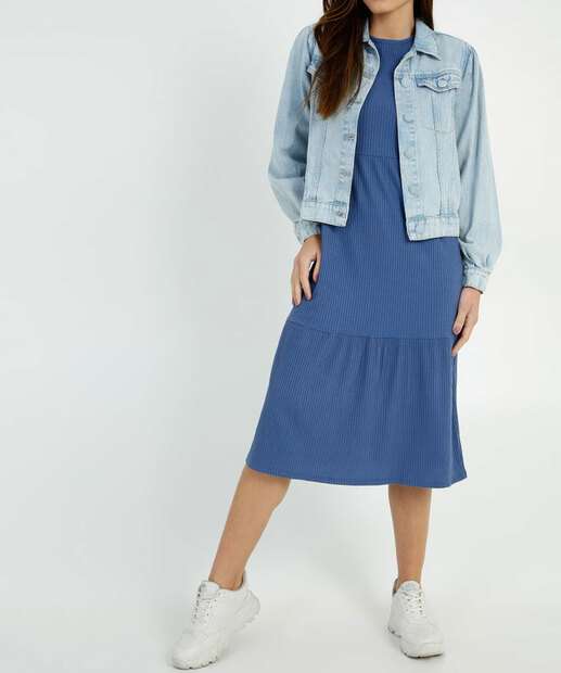 Vestido Midi Feminino Canelado Manga Curta Marisa