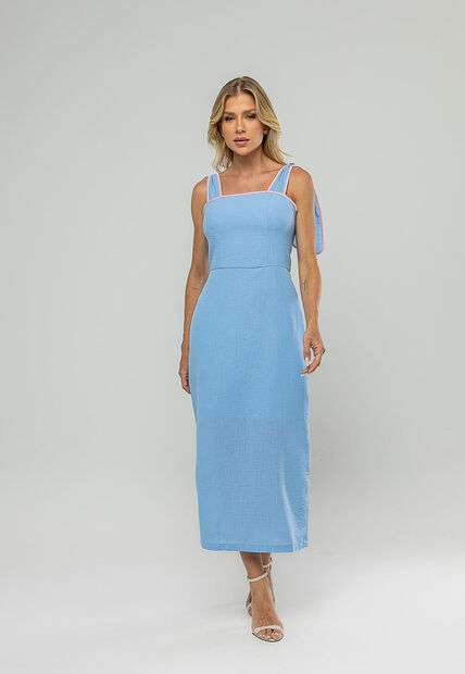 Vestido Midi Com Alças De Amarração e Acabamento Contrastante Azul Salvatore