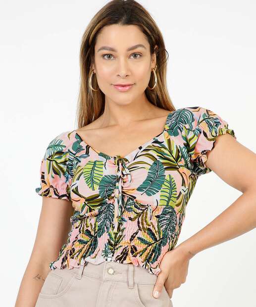 Blusa Cropped Feminina Floral Lastex Amarração