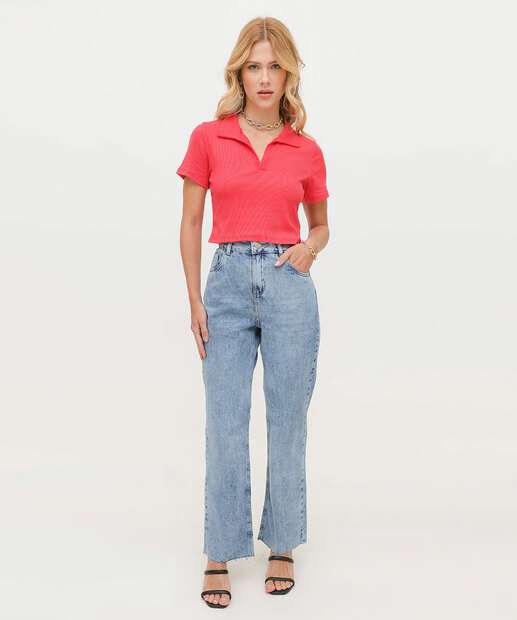 Calça Jeans Reta Feminina Bolsos 
