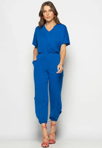 Conjunto Blusa Ampla Gola V e Calça Jogger Fenda Malha Azul Royal Salvatore