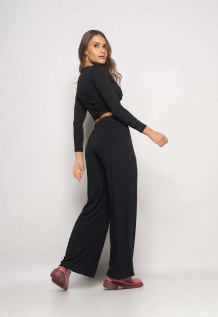Conjunto Cropped Nó e Wide Leg Manga Longa Malha Preto Salvatore