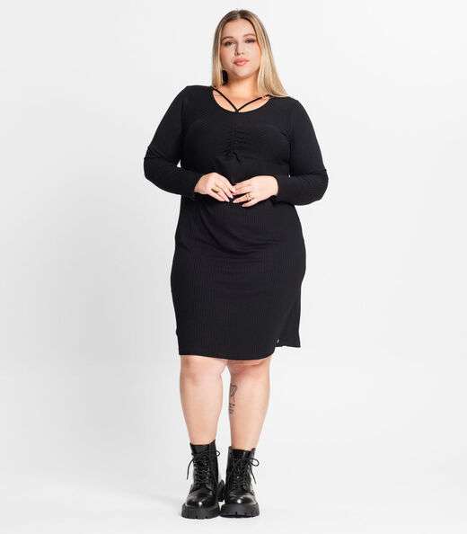 Vestido Plus Size Em Ribana Canelada Secret Glam Preto