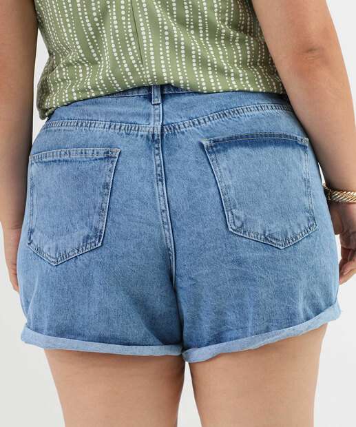 Short Plus Size Jeans Feminino Bordado Azul