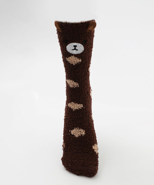 Meia Feminina Cano Longo Chenille Urso Marisa Marrom