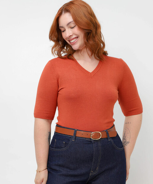 Image_Blusa Plus Size Feminina Tricô Manga Curta Marisa Laranja