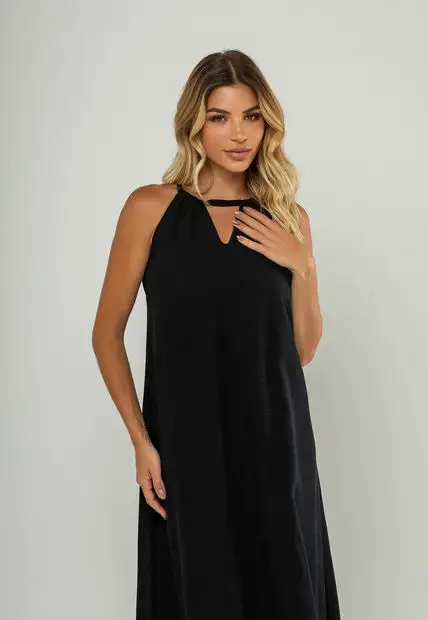 Vestido Longo Decote Com Recorte E Amarração Preto Salvatore