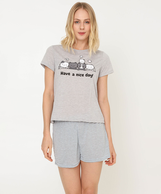 Pijama Feminino Estampa Gatos Marisa Cinza