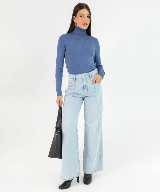 Suéter Feminino Liso Gola Alta Marisa Azul