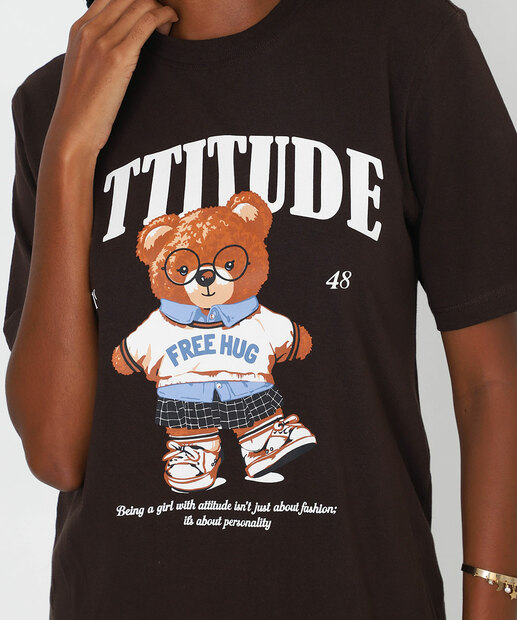 Camiseta Feminina Oversized Urso Marisa Marrom