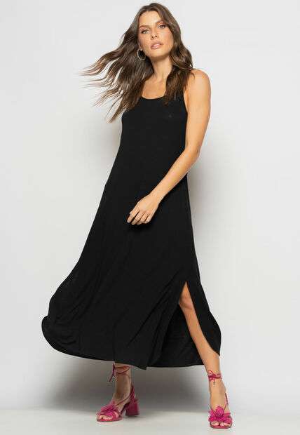 Image_Vestido Longo Alcinha Com Barra Arredondada E Bolsos Preto Salvatore